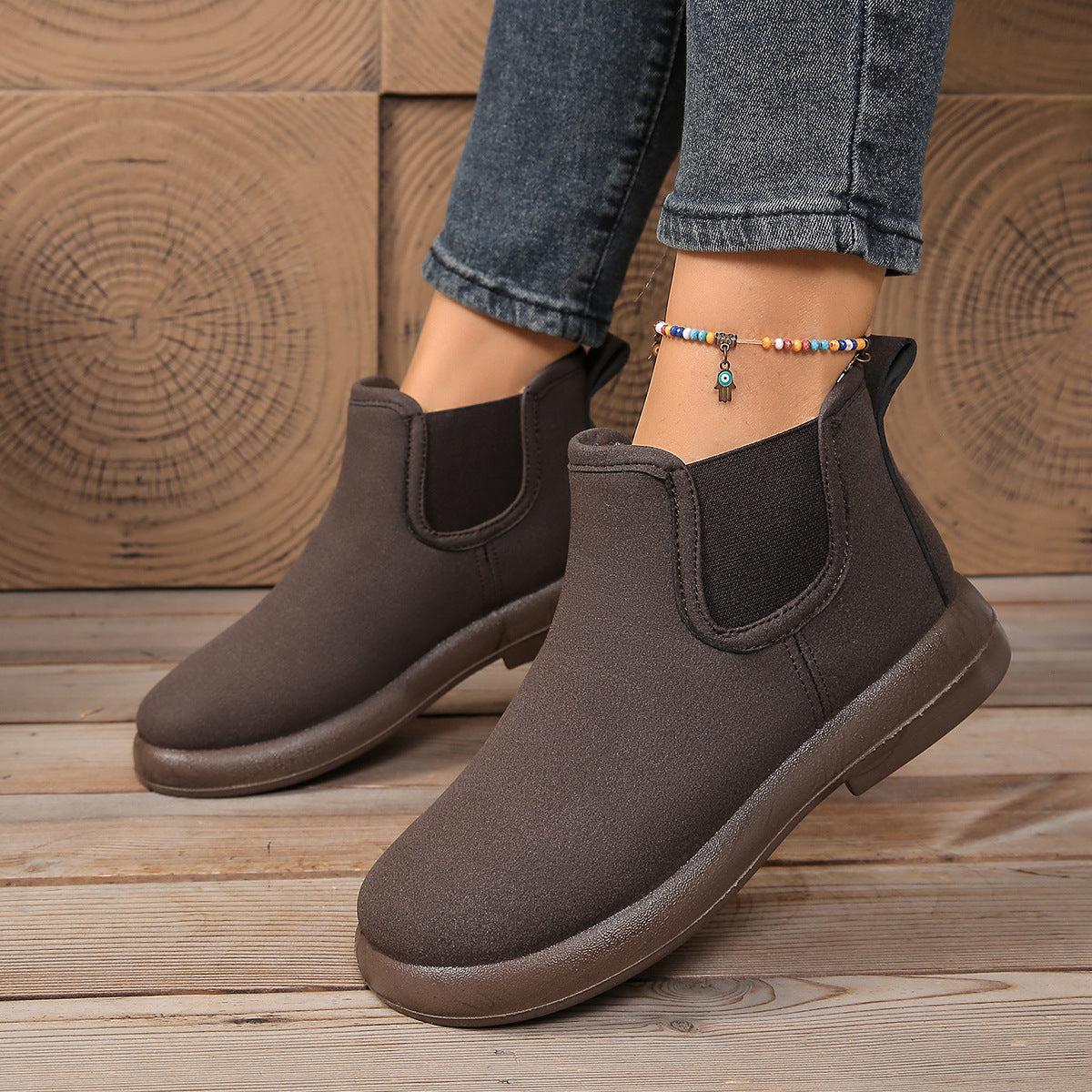 Beau | Faux Fur Lined Suede Round Toe Autumn Winter Low Flat Chelsea Boots Women