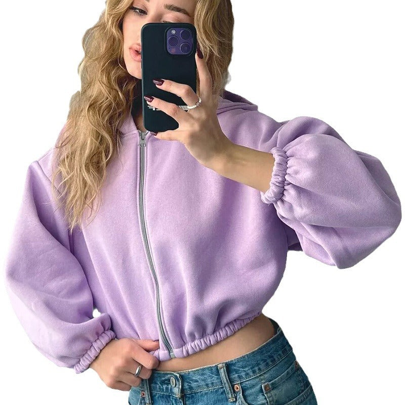 Lily | Zip Up Fleece Balloon Sleeve Oversized Cropped Hoodie Women