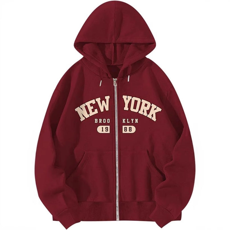 Bea | Fleece Printed Zip Up Drawstring Pockets Long Sleeve Autumn Oversized Hoodie Women
