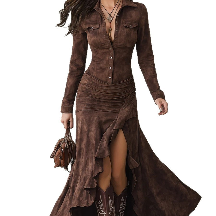 Lucia | Faux Suede Ruched Ruffle Slit Button Collar Autumn Maxi Long Sleeve Dress Women