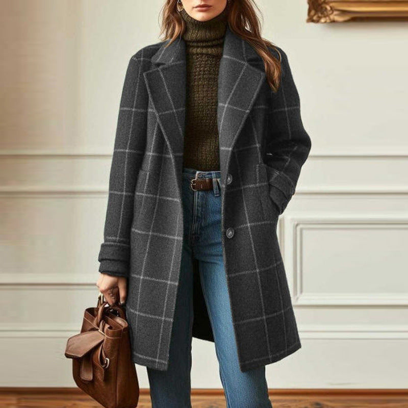 Long Check Wool Coat with Lapels - Green