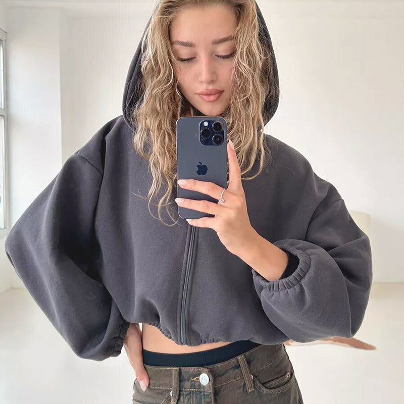 Lily | Zip Up Fleece Balloon Sleeve Oversized Cropped Hoodie Women