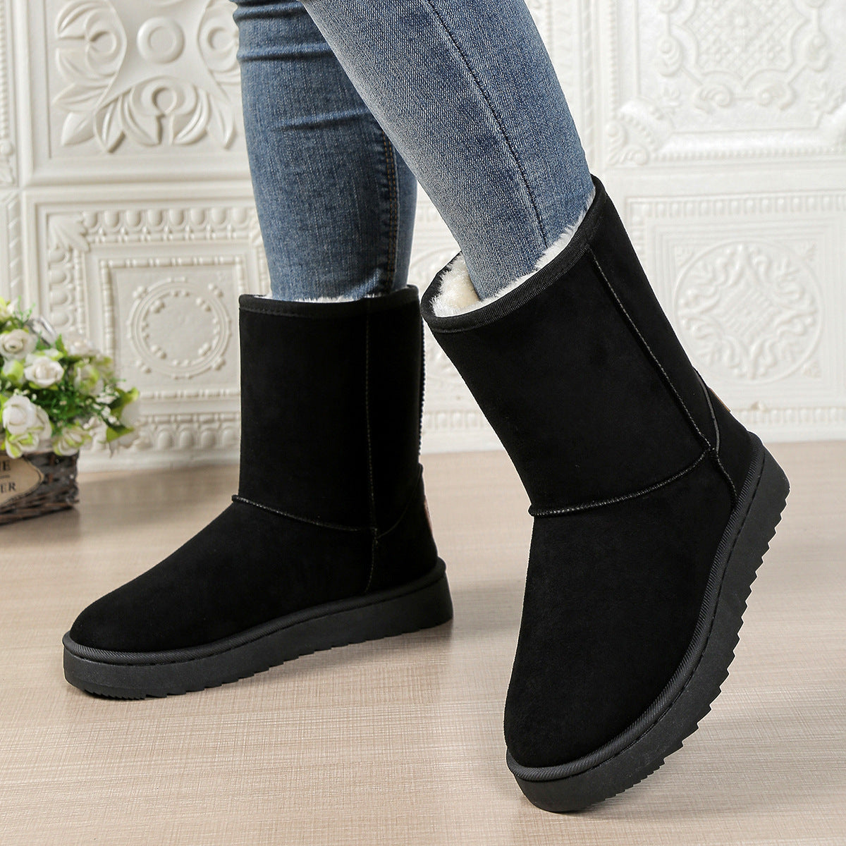 Bree | Faux Suede Fleece Lined Flat Mid Calf Winter Snow Boots Women