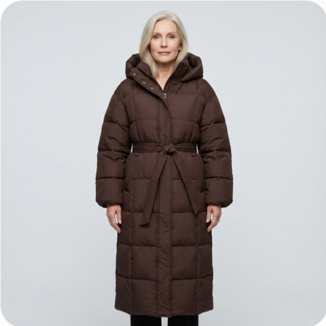 Long Puffer Coat with Belt and Hood - Chocolate Brown