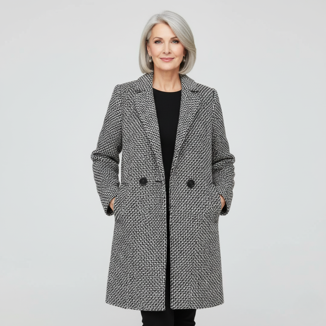 Double Breasted Houndstooth Coat, Longline - Grey