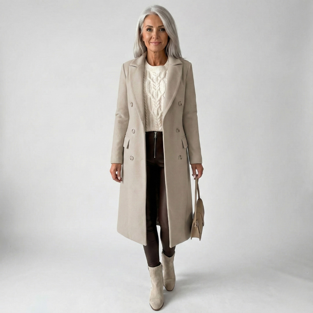 Longline Double Breasted Coat with Belt - Beige