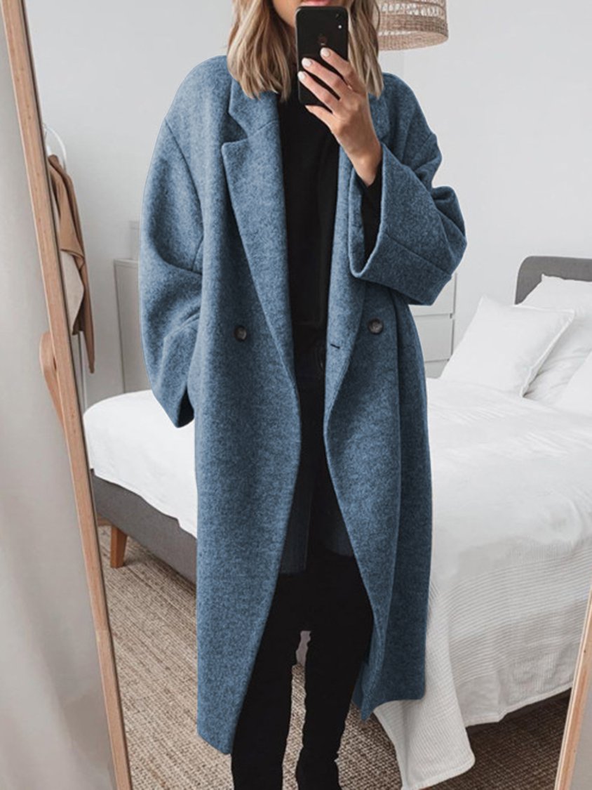 Oversized Double Breasted Wool Coat - Denim Blue