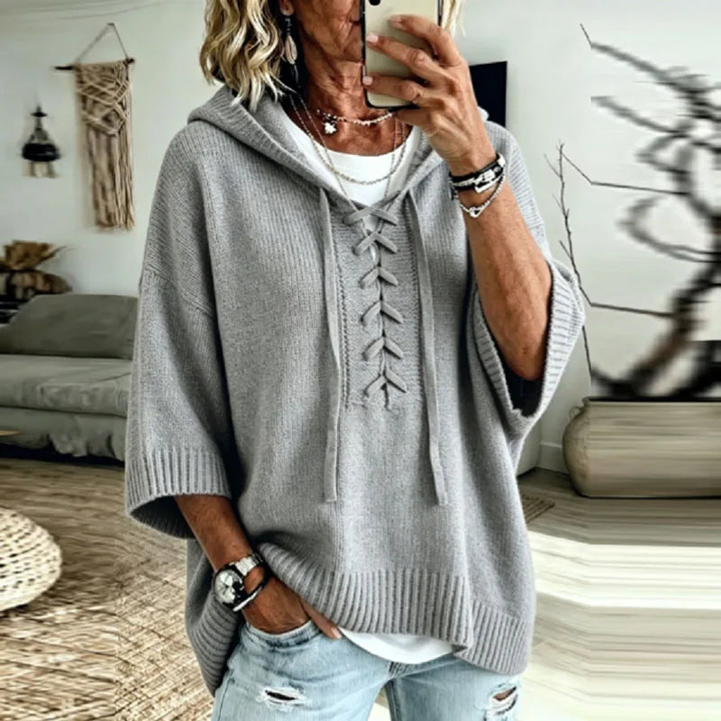 Hooded Knit Top with Lace-Up Front - Dusty Pink