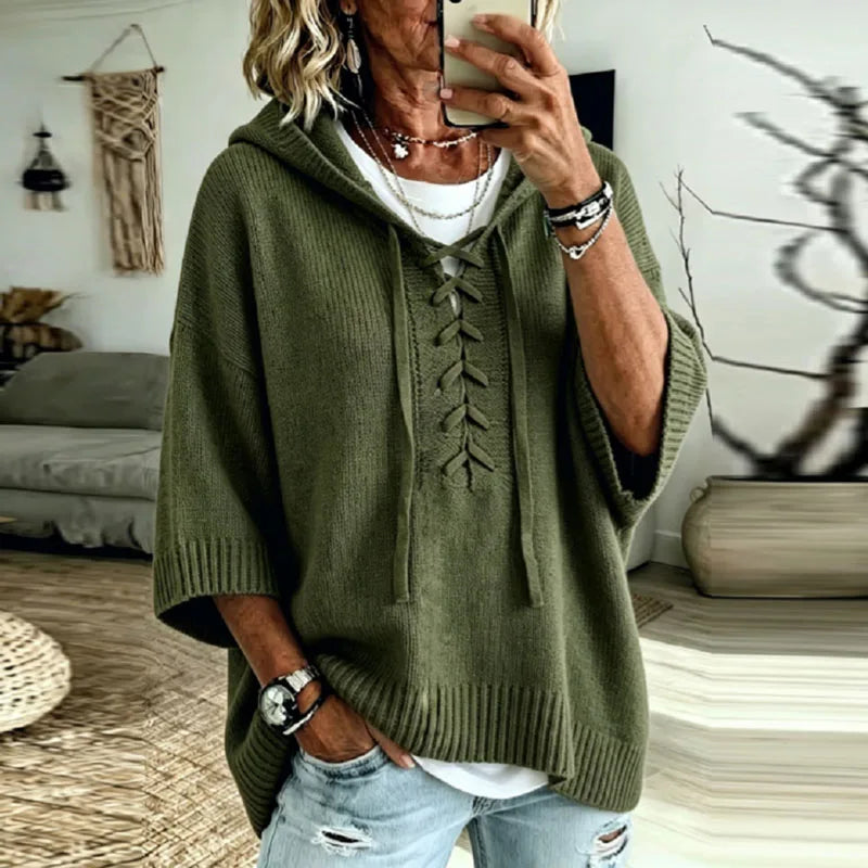 Hooded Knit Top with Lace-Up Front - Dusty Pink