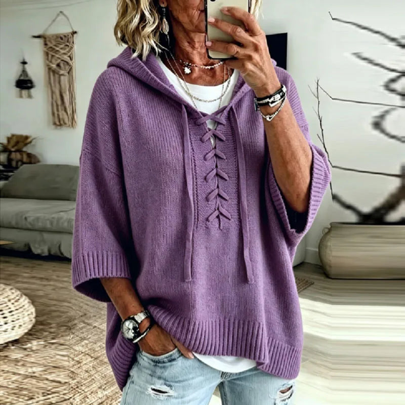 Hooded Knit Top with Lace-Up Front - Dusty Pink