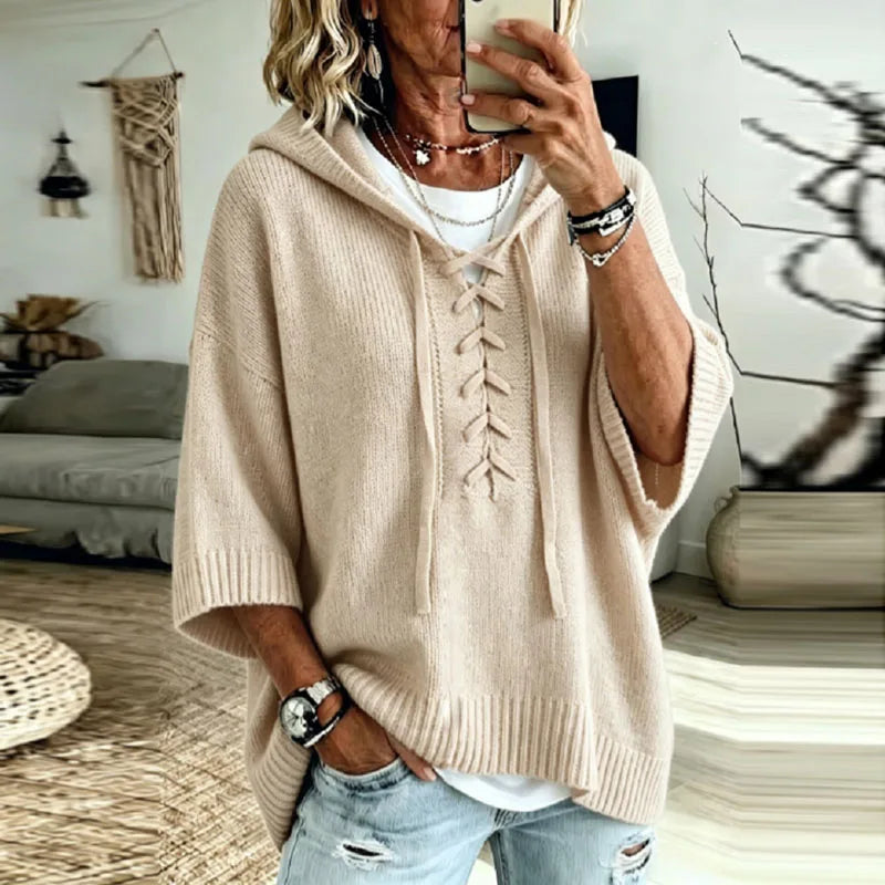 Hooded Knit Top with Lace-Up Front - Dusty Pink