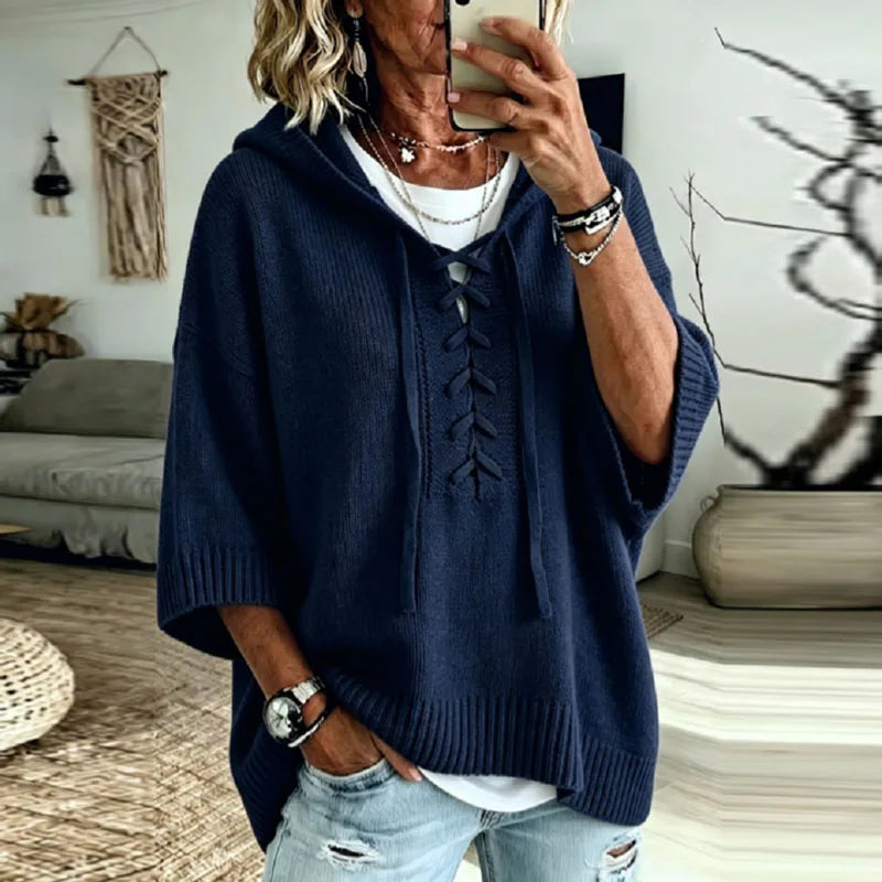 Hooded Knit Top with Lace-Up Front - Dusty Pink