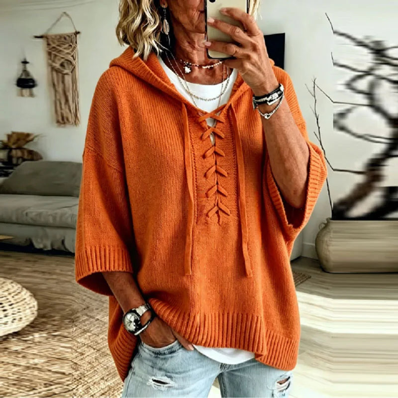 Hooded Knit Top with Lace-Up Front - Dusty Pink