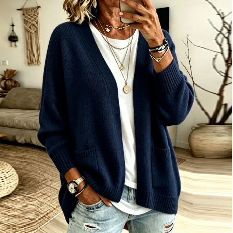 Oversized Open Front Cardigan with Pockets - Navy