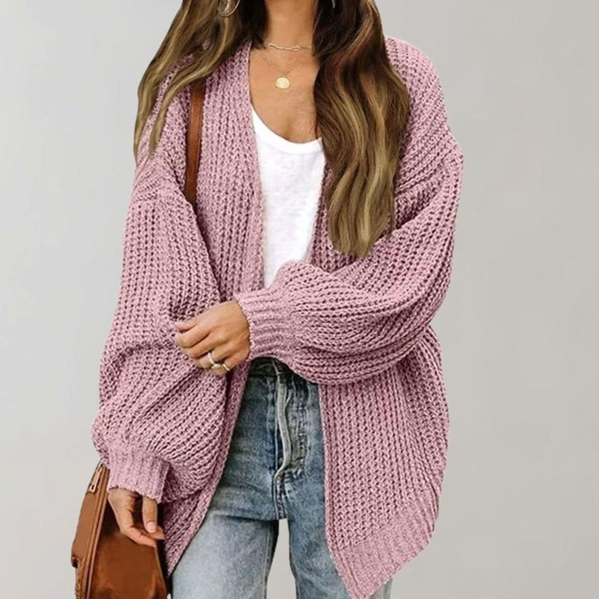 Oversized Chunky Knit Cardigan, Open Front - Black