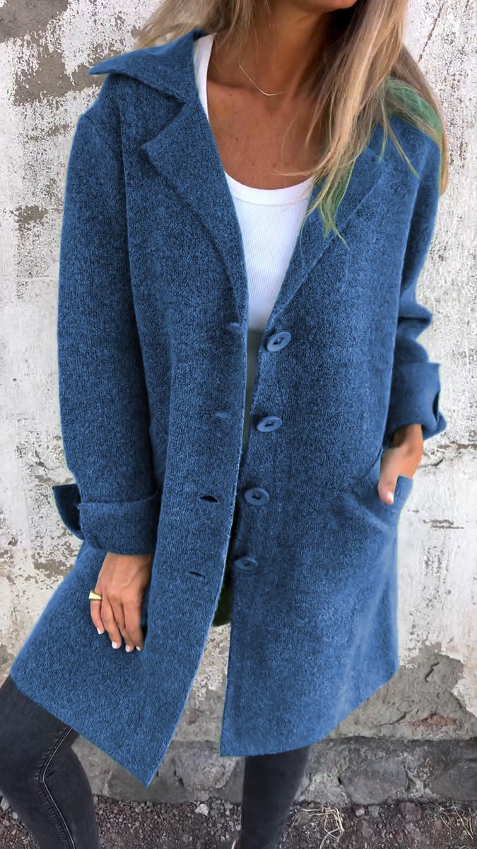 Longline Knit Coat with Lapels and Buttons - Rose