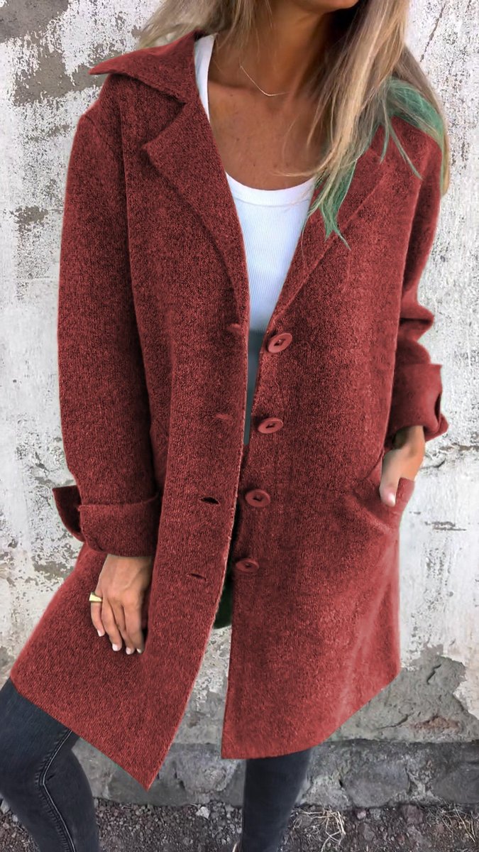 Longline Knit Coat with Lapels and Buttons - Rose
