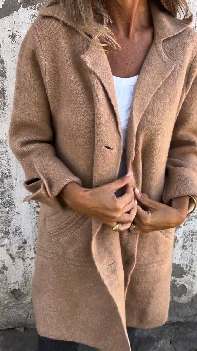 Longline Knit Coat with Lapels and Buttons - Rose