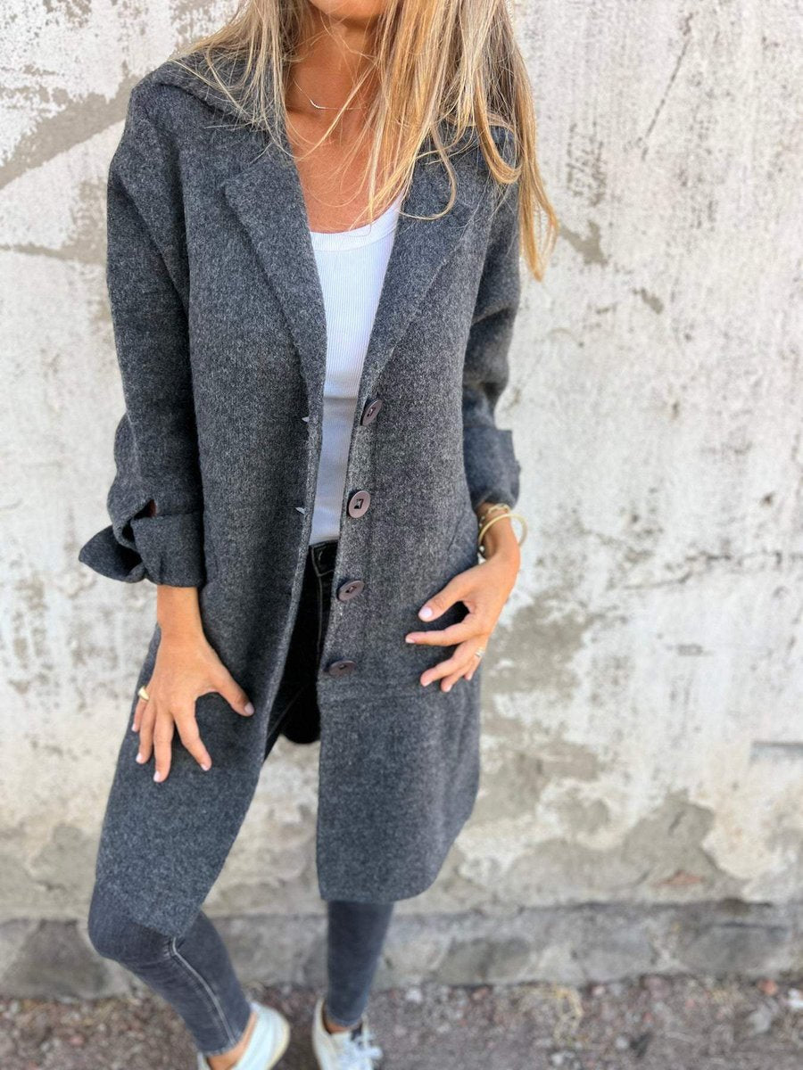 Longline Knit Coat with Lapels and Buttons - Rose