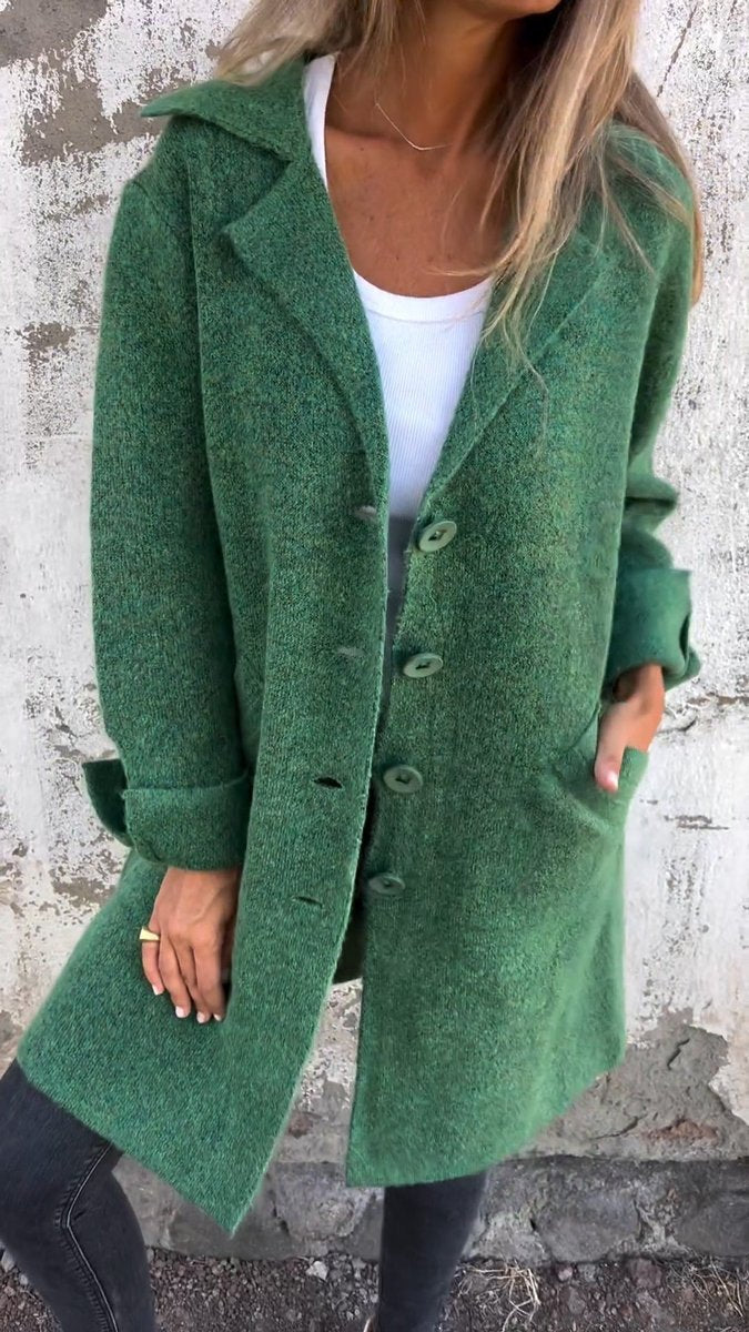 Longline Knit Coat with Lapels and Buttons - Rose