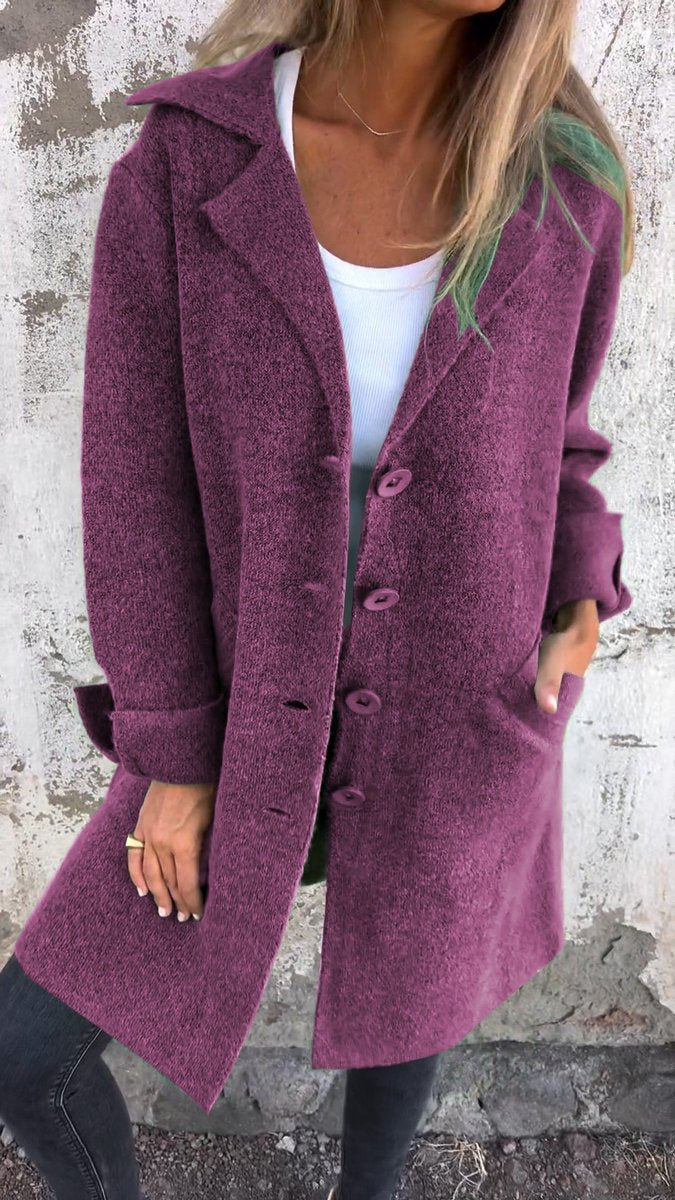 Longline Knit Coat with Lapels and Buttons - Rose