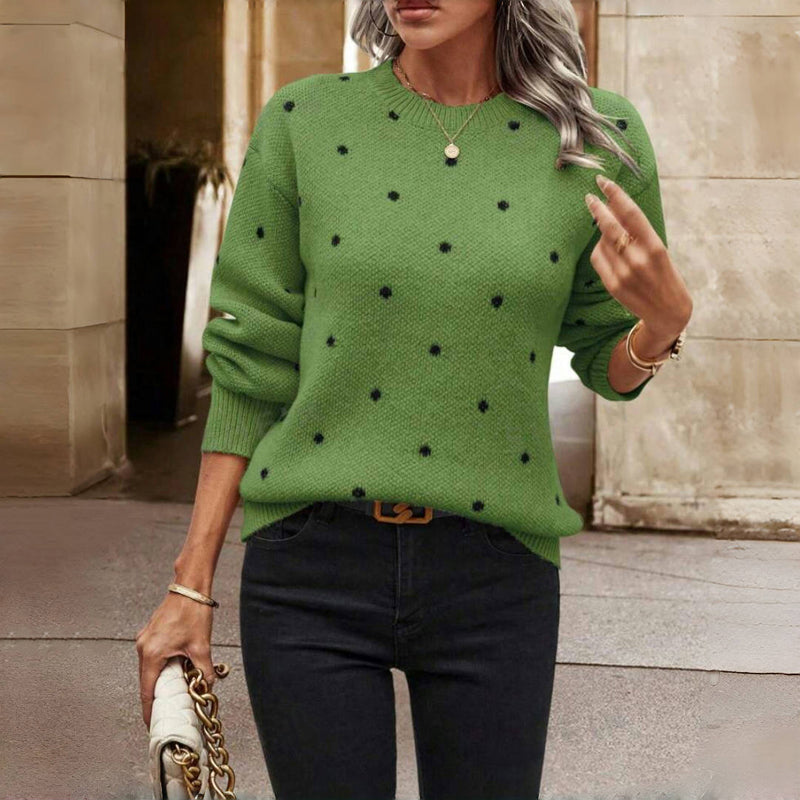 Polka Dot Knit Sweater with Crew Neck - Cream
