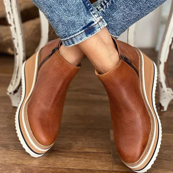Keira | Wedge Platform Round Toe Zip Up Autumn Faux Leather Ankle Boots Women