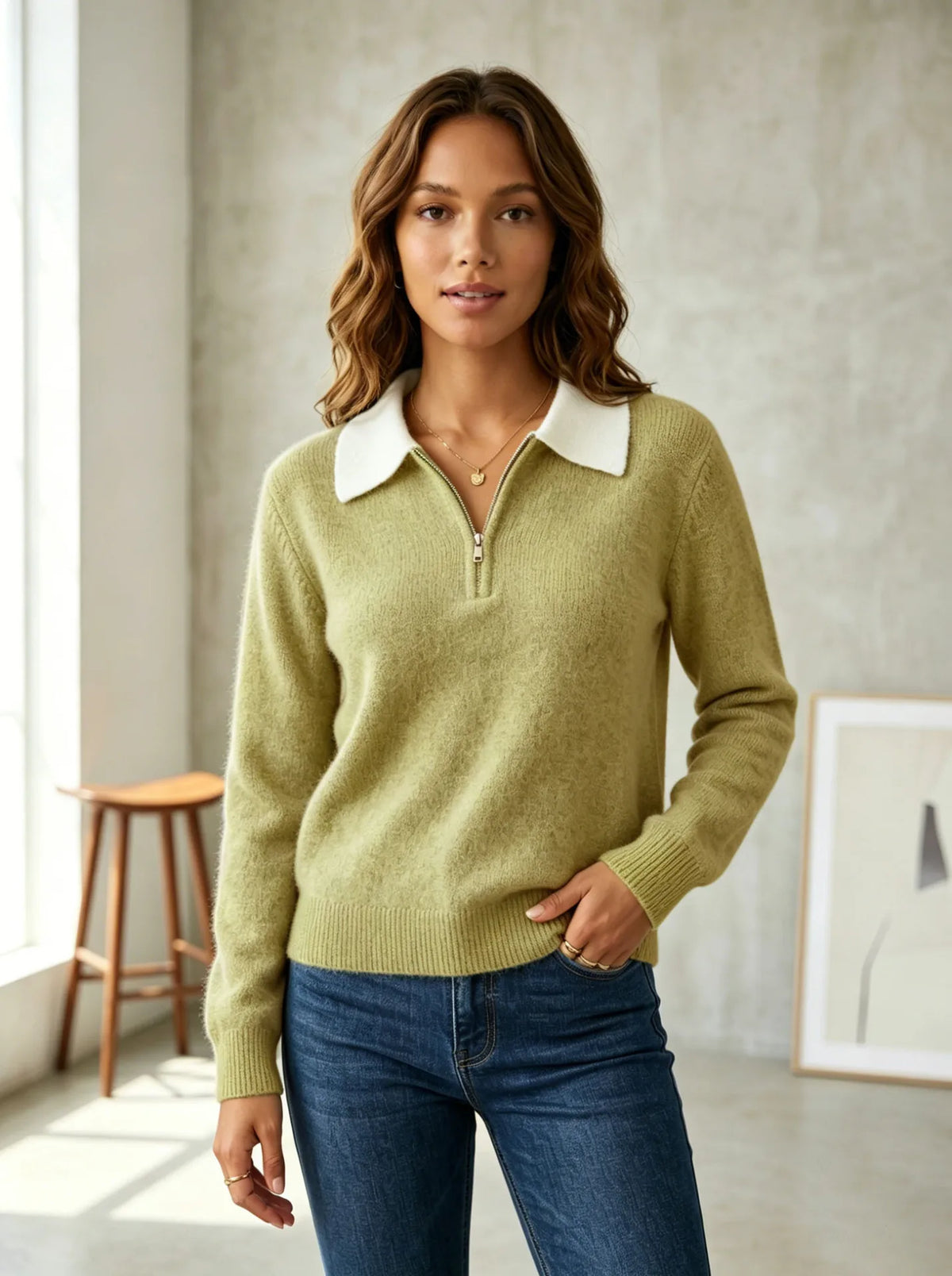 Quarter Zip Knit Sweater with Contrast Collar - Grey