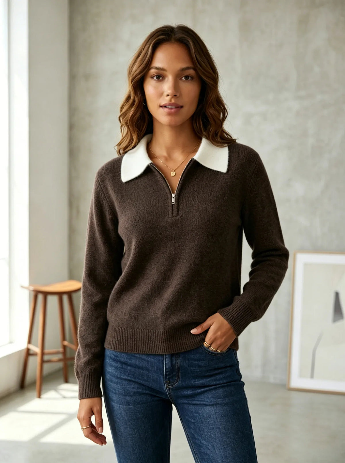 Quarter Zip Knit Sweater with Contrast Collar - Grey