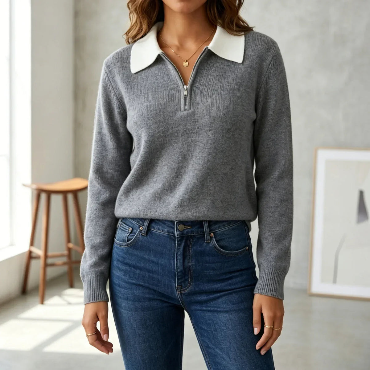 Quarter Zip Knit Sweater with Contrast Collar - Grey