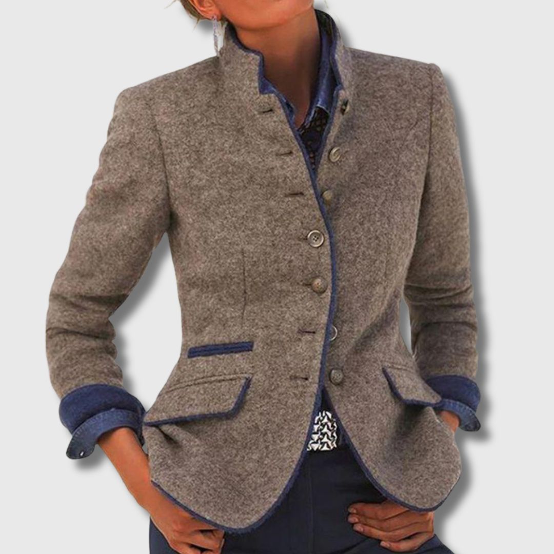 Tweed Wool Jacket with Stand Collar - Taupe