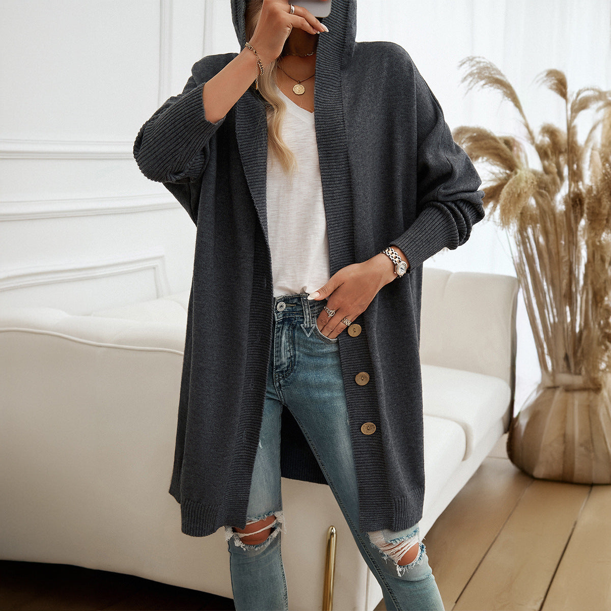 Long Hooded Knit Cardigan with Button Front - Beige