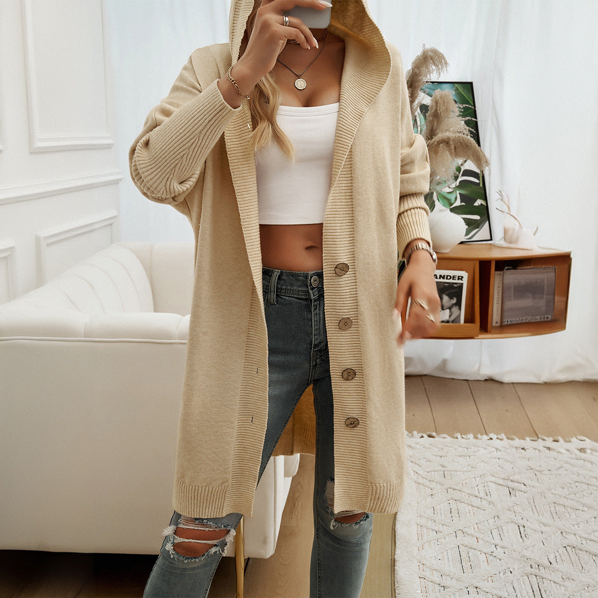 Long Hooded Knit Cardigan with Button Front - Beige