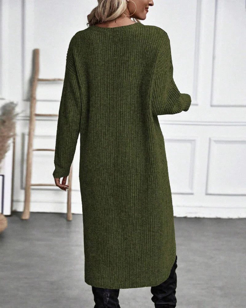 Ribbed Wrap Front Knit Dress with Split Hem - Dark Green
