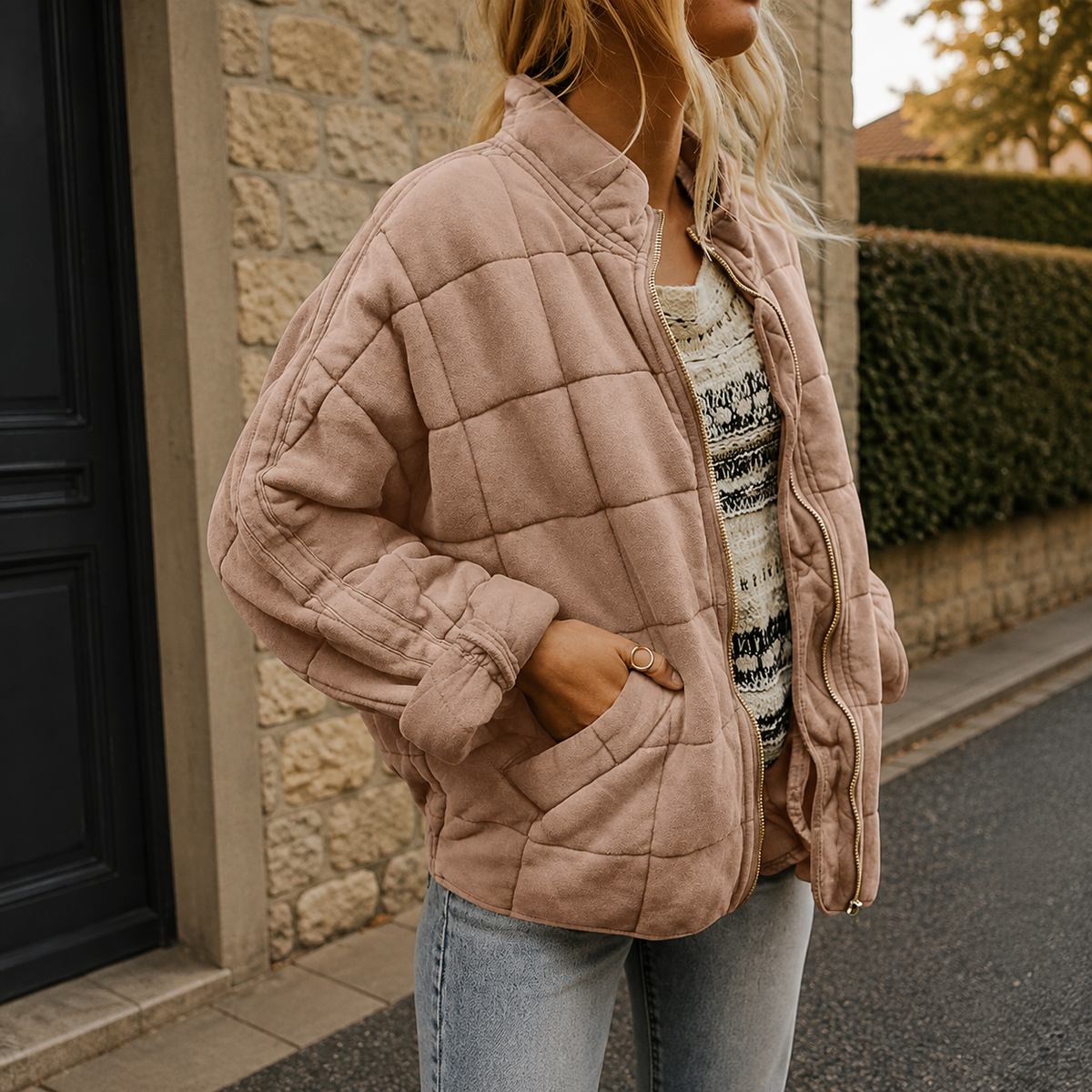 Cropped Quilted Puffer Jacket with Zip - Olive
