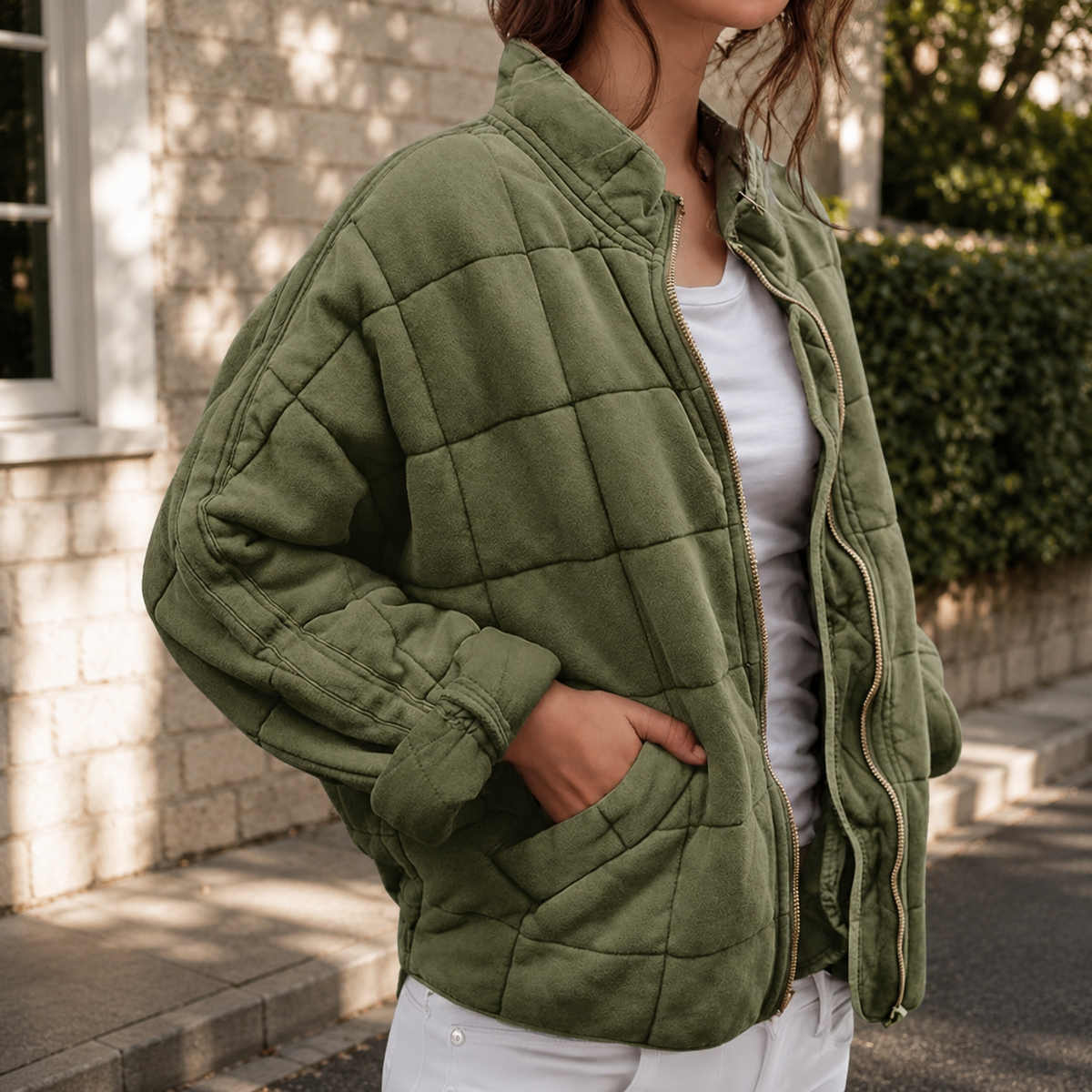 Cropped Quilted Puffer Jacket with Zip - Olive