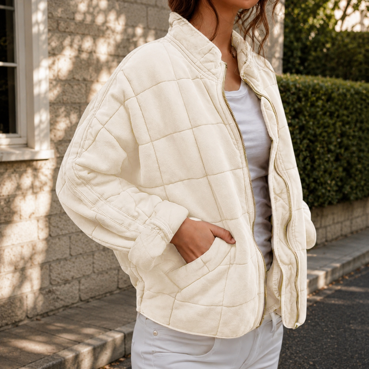 Cropped Quilted Puffer Jacket with Zip - Olive