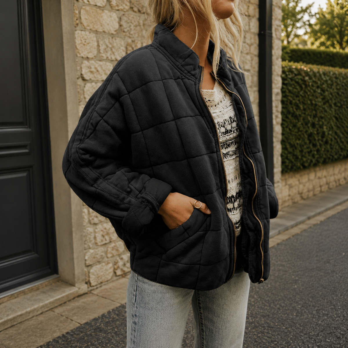 Cropped Quilted Puffer Jacket with Zip - Olive