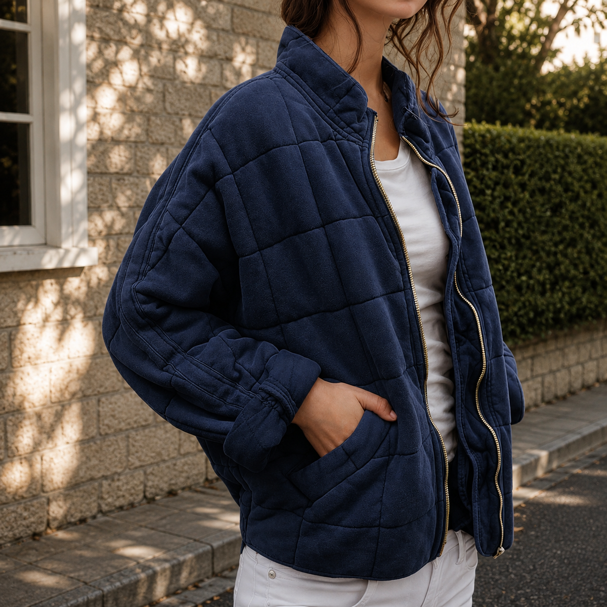 Cropped Quilted Puffer Jacket with Zip - Olive