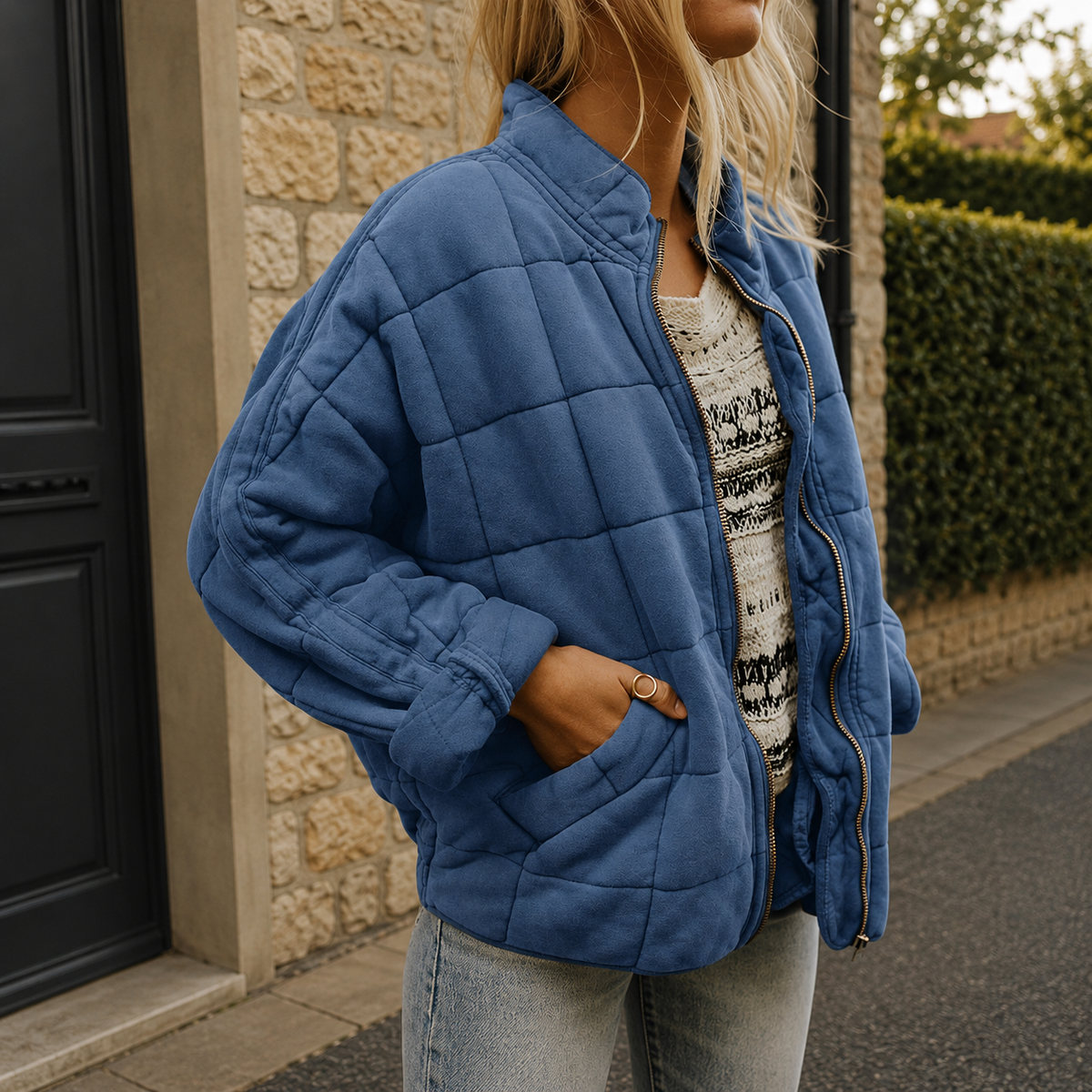 Cropped Quilted Puffer Jacket with Zip - Olive