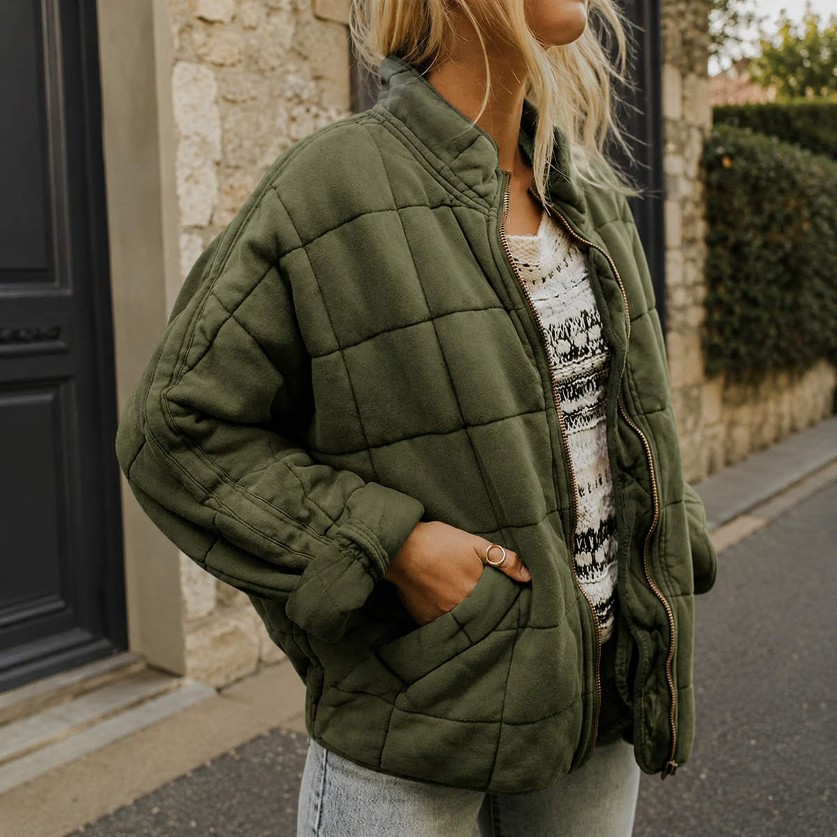 Cropped Quilted Puffer Jacket with Zip - Olive