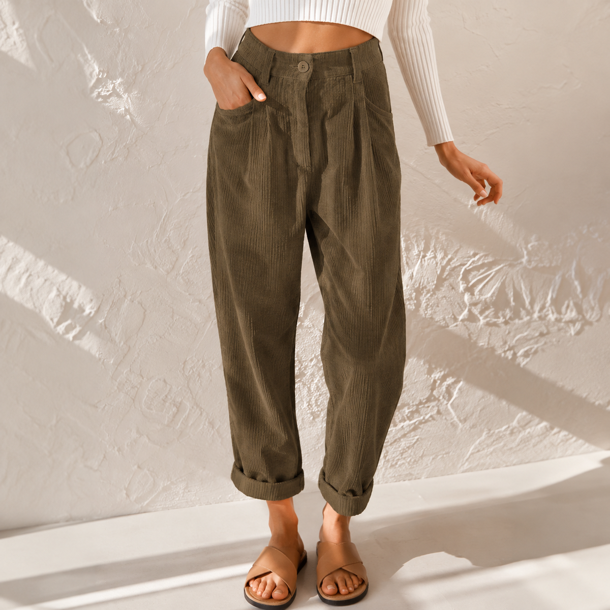 Pia | High Waisted Pleated Corduroy Turn Up Cropped Autumn Tapered Trousers Women