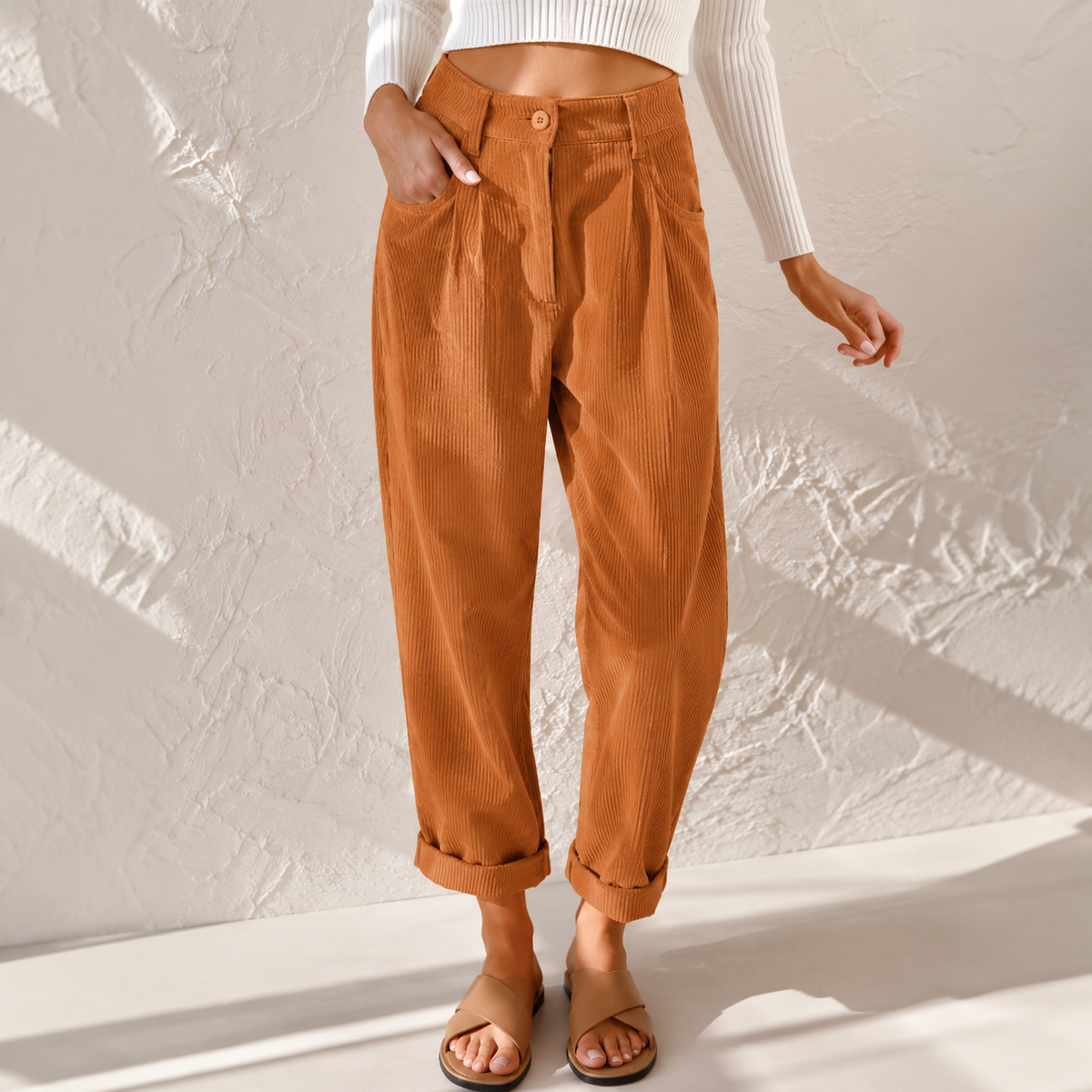 Pia | High Waisted Pleated Corduroy Turn Up Cropped Autumn Tapered Trousers Women