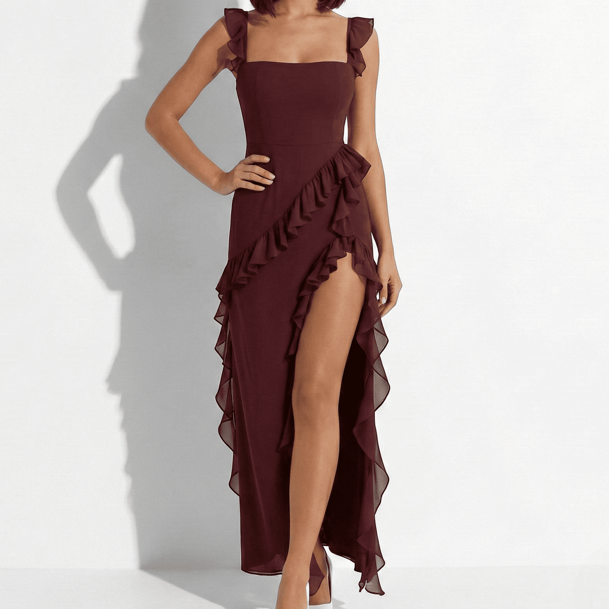 Freya | Square Neck Ruffle Split Chiffon Bodycon Maxi Occasion Wedding Guest Dress Women