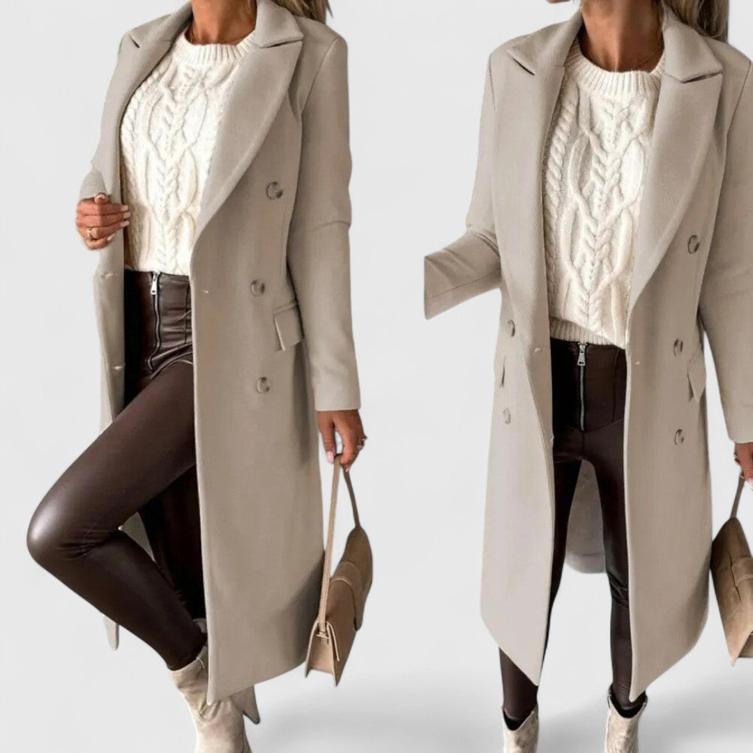 Longline Double Breasted Coat with Belt - Beige