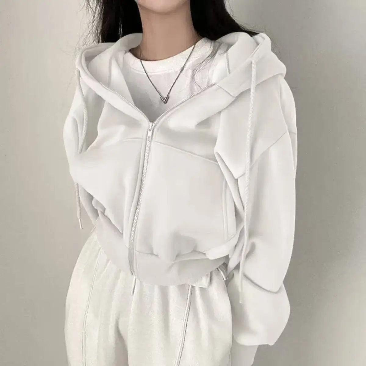 Mila | Zip Up Drawstring Fleece Cropped Oversized Pockets Autumn Hoodie Women