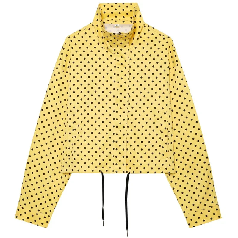 Etta | Polka Dot Drawstring Oversized Cropped Funnel Neck Zip Up Windbreaker Jacket Women
