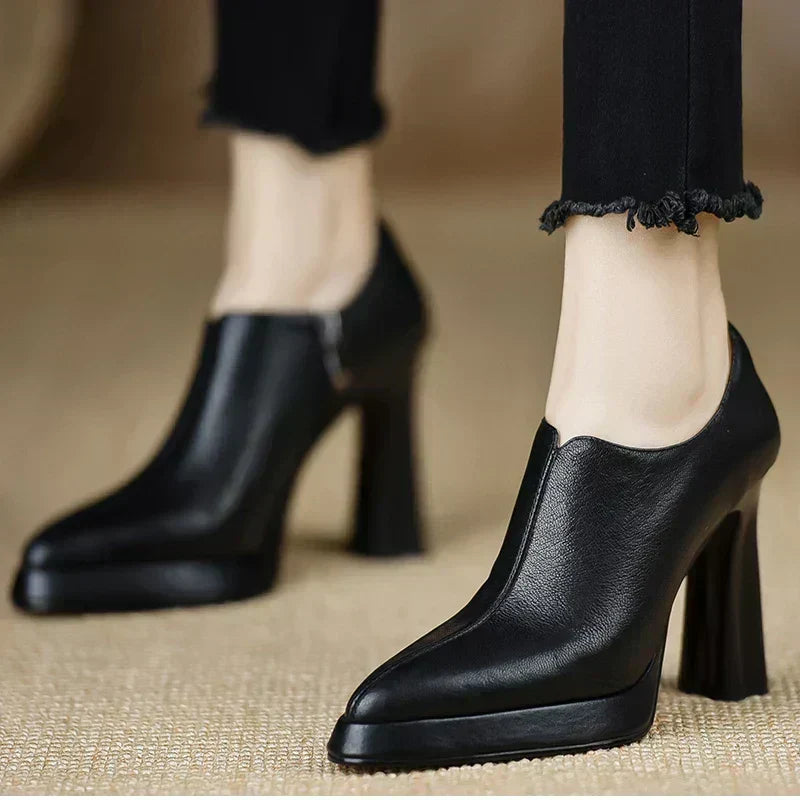 Lia | Platform Heeled Pointed Toe Zip Up Faux Leather Ankle Boots Women