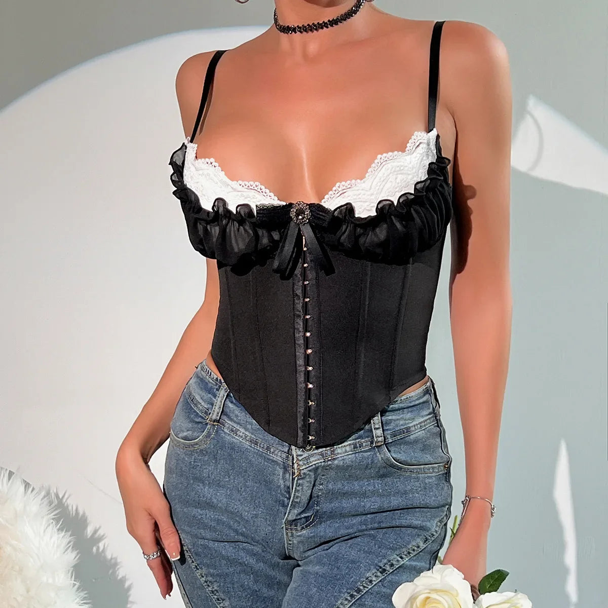 Ella | Hook And Eye Lace Trim Bow Ruffle Sweetheart Going Out Party Cropped Corset Top Women