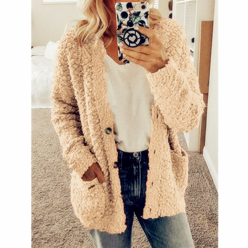 Lacey | Oversized Buttoned Borg Fleece Pocket Winter Long Jacket Teddy Coat Women